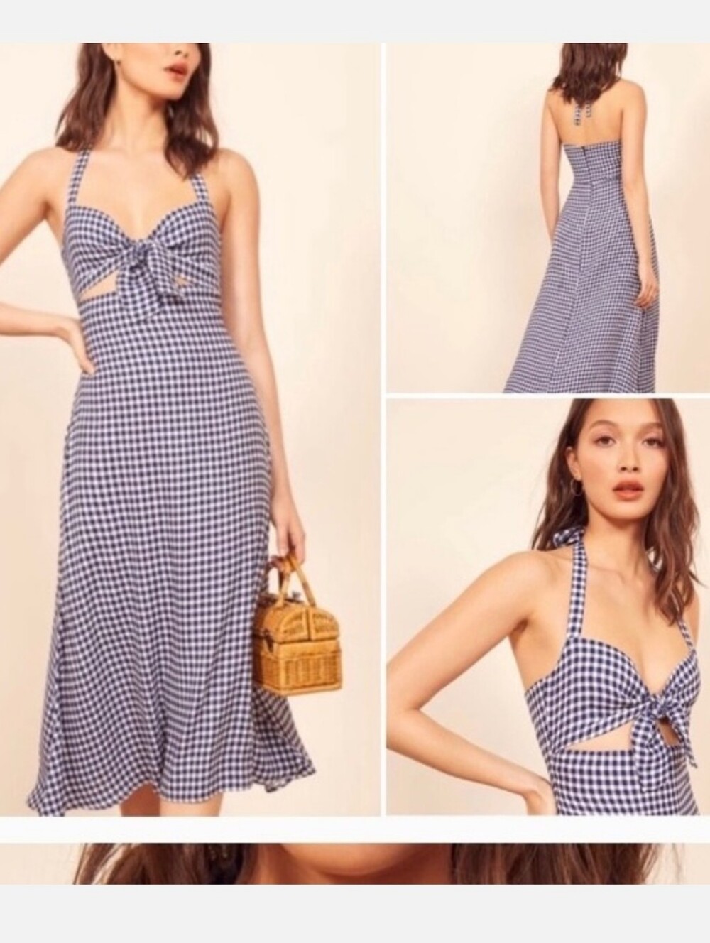 Reformation Blue and White Gingham Halter Maxi Dress